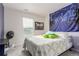 Cozy bedroom with large window with blinds, desk and cityscape wall decor at 3659 Makley Cir, Castle Rock, CO 80104