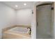 Bright bathroom featuring a large soaking tub and a walk-in shower with decorative glass door at 7134 Kiowa Rd, Larkspur, CO 80118