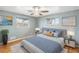 Inviting bedroom featuring a ceiling fan, hardwood floors, and two windows providing natural light at 3149 Wheeling St, Aurora, CO 80011