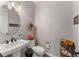 Charming powder room with pedestal sink, decorative mirror, floral decorations, and modern fixtures at 2576 Villageview Ln, Castle Rock, CO 80104