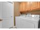 Functional laundry room with washer, dryer, and overhead cabinets for ample storage at 1194 Red Lodge Dr # 201, Evergreen, CO 80439