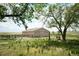 A distant outbuilding, ideal for storage, surrounded by fencing in a grassy field showcases rural living at its finest at 2091 Tate Ave, Fort Lupton, CO 80621