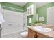 Green bathroom with a shower-tub combo, updated vanity, and stylish accents at 2410 Morningview Ln, Castle Rock, CO 80109