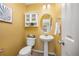 Charming powder room with pedestal sink and decorative mirror at 2410 Morningview Ln, Castle Rock, CO 80109