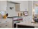 Close-up of kitchen featuring stainless steel chef's range, white cabinets, and tile backsplash at 7912 Raphael Ln, Littleton, CO 80125