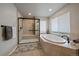 Spa-like bathroom showcases a standalone tub and a glass-door walk-in shower at 5562 Rim View Pl, Parker, CO 80134