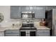 Close-up of stainless steel appliances, granite countertops, and grey cabinets at 457 Black Feather Loop # 702, Castle Rock, CO 80104