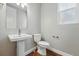 Stylish half bath with pedestal sink, modern fixtures, and wood-look flooring at 3370 Backdrop Ct, Castle Rock, CO 80108