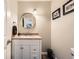 Powder room with granite countertop, mirror, and vanity at 7573 S Saulsbury Ct, Littleton, CO 80128