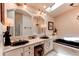Well-lit bathroom with a double vanity, soaking tub, and elegant fixtures at 559 E 2Nd Ave, Castle Rock, CO 80108