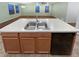 A kitchen island features a double sink, dishwasher, and ample cabinet space at 27699 E 7Th Ln, Aurora, CO 80018