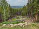 An elevated view shows trees, boulders, and grass with mountains visible through the trees at 509 Paiute Rd, Evergreen, CO 80439