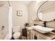 Stylish bathroom featuring modern vanity with vessel sink and shower with curtain at 8264 S Fillmore Way, Centennial, CO 80122