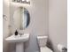 Simple bathroom with pedestal sink, toilet and oval mirror at 9643 Truckee St, Commerce City, CO 80022