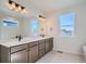 Modern bathroom featuring a double sink vanity and sleek fixtures with a large window at 2690 E 102Nd Pl, Thornton, CO 80229