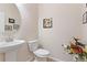 Powder room featuring a pedestal sink, toilet, and decorative wall art in a well-lit space at 3008 Echo Park Dr, Castle Rock, CO 80104