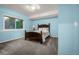 Bright blue bedroom with a plush carpet and a large window, with a dark wood frame at 17995 Minglewood Trl, Monument, CO 80132