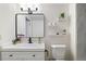Modern bathroom featuring a white vanity, black fixtures, and a square mirror with shelving at 601 W 11Th Ave # 910, Denver, CO 80204