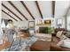 Beautiful living room with exposed wood beams, hardwood floors, fireplace, and stylish decor at 13588 W Exposition Dr, Lakewood, CO 80228