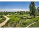 Scenic view of a park showcasing a meandering path, lush greenery, and a serene pond with vegetation at 1009 Monarch Way, Superior, CO 80027