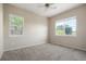 Bright bedroom features neutral paint, two windows, plush carpet, and ceiling fan at 8467 Canyon Rim Cir # 302, Englewood, CO 80112