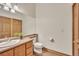 Well-lit bathroom features a wood cabinet vanity, large mirror, and white toilet at 15125 Spring Valley Rd, Larkspur, CO 80118
