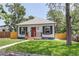 Exterior home view showcasing a charming red front door, new porch and mature landscaping at 4818 Bryant St, Denver, CO 80221