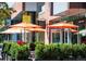 View of the shopping center featuring storefronts with outdoor seating and manicured landscaping at 235 Eudora St, Denver, CO 80220