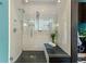 Modern shower with glass enclosure, rain shower head, and a built-in bench at 235 Eudora St, Denver, CO 80220