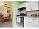 Well-equipped kitchen with stainless steel range and oven, white cabinets, and tile backsplash for cooking convenience at 4108 S Inca St, Englewood, CO 80110