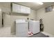 Bright laundry room featuring tile flooring, white appliances, and overhead cabinets at 4108 S Inca St, Englewood, CO 80110