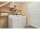 Laundry room equipped with a washer, dryer, and built-in shelving for ample storage space at 2864 S Jebel Way, Aurora, CO 80013