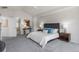 Comfortable carpeted bedroom with lamps and a padded headboard at 21548 E Ottawa Cir, Aurora, CO 80016