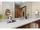 A well-lit bathroom features a granite countertop, undermount sink, and a decorative mirror at 9009 Rambling Oak Pl, Parker, CO 80134