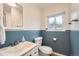 Bathroom features white and blue wainscoting, modern fixtures, and a window for natural light at 19196 E Kansas Dr, Aurora, CO 80017