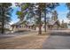 Front exterior elevation of the home, with a paved driveway, large pine trees, and three car garage at 121 County Road 146, Elizabeth, CO 80107