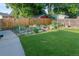 Landscaped backyard garden features mature trees and colorful flower beds, creating a peaceful retreat at 6114 Miller St, Arvada, CO 80004