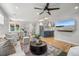 Bright, open-concept living room with hardwood floors and a modern kitchen island, perfect for entertaining at 2577 Depew St, Edgewater, CO 80214
