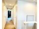 Hallway with neutral walls, carpet flooring, and a view into a room with a bookshelf at 19221 E 65Th Ave, Denver, CO 80249