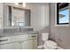 Bathroom featuring a vanity with countertop, undermount sink, mirror, and toilet with gray wall color at 1740 Joseph Cir, Elizabeth, CO 80107