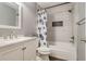 A bathroom with a tiled shower and tub, tiled accent wall, and a white vanity at 2980 S Parker Ct, Aurora, CO 80014