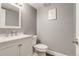 Cozy bathroom with a modern vanity, white cabinets, and gray walls, and a comfort height toilet at 2980 S Parker Ct, Aurora, CO 80014