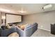 Basement recreational area with blue couches and a projection screen at 8361 Mason Cir, Westminster, CO 80031