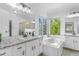 The bathroom has granite countertops, a soaking tub, dual sinks, and a large window with natural light at 524 Rider Ridge Dr, Longmont, CO 80504