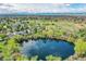 Scenic aerial view of community featuring a pond surrounded by lush greenery and homes at 1011 S Valentia St # 30, Denver, CO 80247