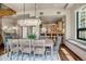 Modern dining room with a view of the kitchen and city skyline at 1800 Lawrence St # 505, Denver, CO 80202