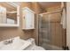 This bathroom features a vanity, toilet, medicine cabinet, and a glass enclosed tiled shower at 13778 W 71St Pl, Arvada, CO 80004