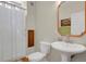 Cozy bathroom featuring a pedestal sink, decorative mirror, toilet, and a shower with a white curtain at 20356 Willowbend Ln, Parker, CO 80138