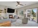 Comfortable living room with a fireplace, stylish decor, and access to the outdoor patio at 20356 Willowbend Ln, Parker, CO 80138