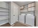 Well-organized laundry room with washer, dryer, shelves and storage cabinets at 3090 W Longfellow Pl, Denver, CO 80221